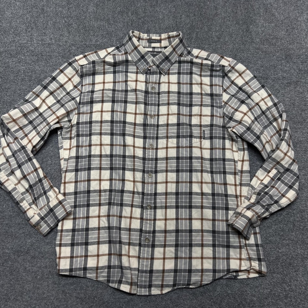 Eddie Bauer Shirt Mens Large Gray Plaid Flannel Button Front Long Sleeve Casual